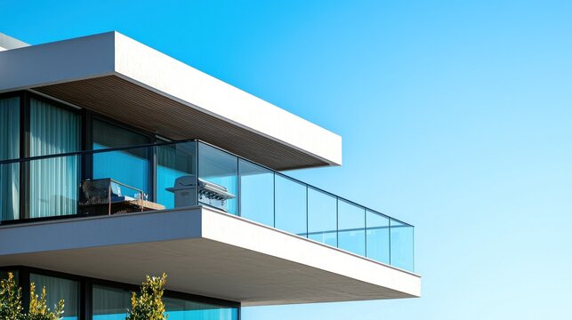 Modern balcony with a glass railing, outdoor seating, and a small grill, set against a clear blue sky