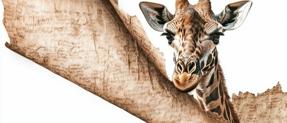  A giraffe's head and neck, with a tree branch in the foreground ..Or, for a more concise version:..Close