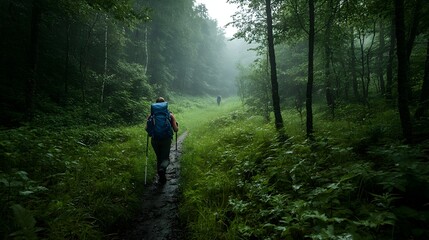 Obraz premium Misty Forest Trail Leading Through Lush Green Wilderness