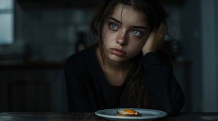 Contemplative Woman Staring at Food