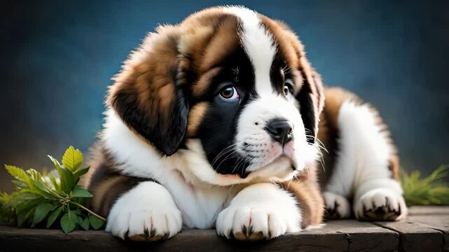 A saint bernard puppy laying on a wooden bench with a blue background