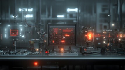 Naklejka premium Illuminated Industrial Control Panel in Dark Factory Interior