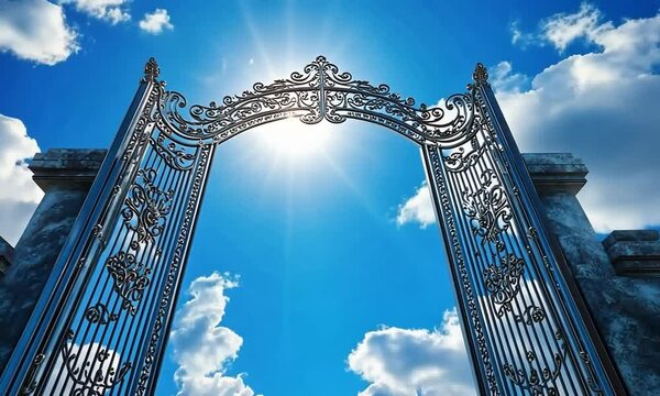 Ornate metal gate opens to a bright blue sky with white clouds.