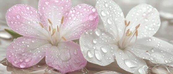 Fototapeta premium A pink-and-white flower with water droplets on its petals A white-and-pink flower, similarly adorned with water droplets