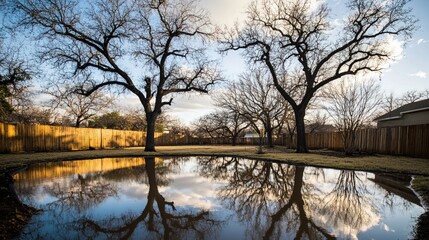 Obraz premium Backyard with standing water reflecting the surrounding trees and sky, capturing the serene beauty of nature's reflection and the tranquility of a still moment.
