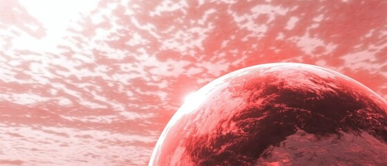  A tight shot of a red celestial body in the sky, radiating a red beam from its summit