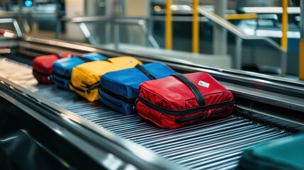 Baggage claim area with various suitcases and bags on a conveyor belt waiting to be picked up