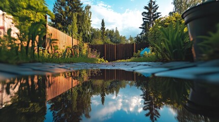 Fototapeta premium Backyard with standing water reflecting the surrounding trees and sky, capturing the serene beauty of nature's reflection and the tranquility of a still moment.