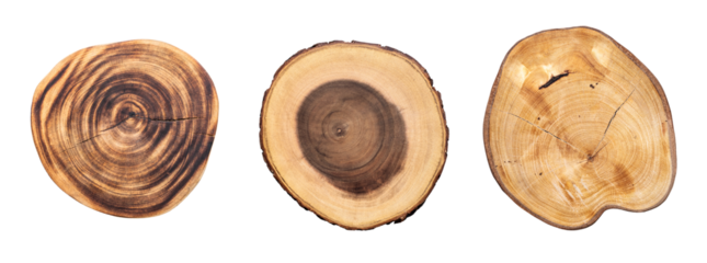 Collection of four natural wood tree slices with visible growth rings and textured bark. These rustic wooden pieces ,chopping board for kitchen, or nature designs