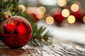 Obraz premium A red ornament atop a wooden table, near a Christmas tree adorned with lights