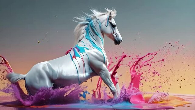 A white horse falling into a colorful liquid