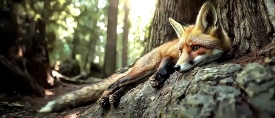 Fototapeta premium A tight shot of a fox reclining on a rock next to a tree, surrounded by sunlit forest