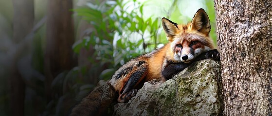  A tight shot of a fox reclining on a stone near a tree, surrounded by a dense forest with numerous leaves