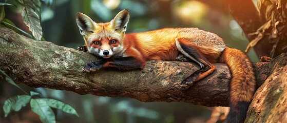 Obraz premium A red fox perched on a tree branch in a forest gazes sadly at the camera