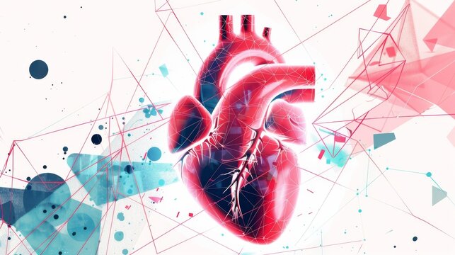 a human heart, with geometric shapes and patterns overlaying it