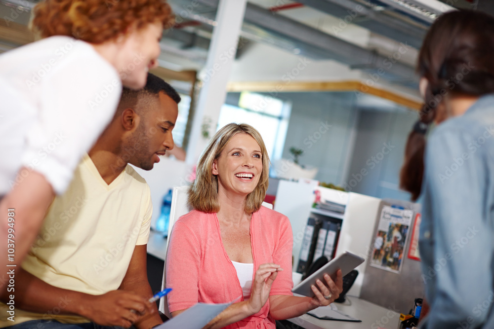 Sticker Employees, creative meeting and office for group project, brainstorming and support with proposal. Teamwork, feedback and collaboration in internship at workplace, conversation and business planning