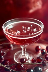  A tight shot of a drink in a glass, placed on a table Cherries adorn the glass's rim