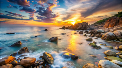 Obraz premium Golden hour bathes a rocky coastline in warmth as waves crash against the shore.