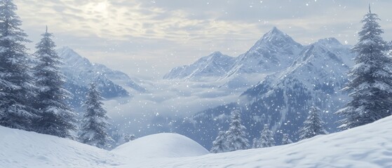 Obraz premium A snow-capped mountain with pine trees in the foreground and a cloudy sky dotted with few clouds in the background
