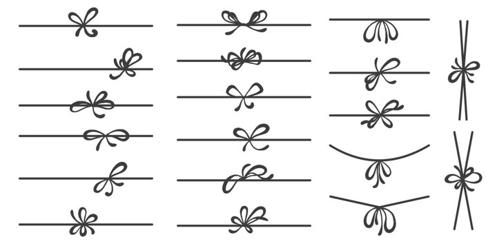 Ribbon bow for gift and present box. Simple hand drawn string with knot. Outline thin rope for package design. Minimal sketch vector elements for decoration on white background