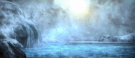 mid-body water, snowy ground, trees in backdrop