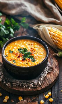 A bowl of steaming hot corn chowder garnished with parsley and red pepper flakes on a rustic wooden table.