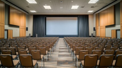 A spacious auditorium setup with multiple rows of plush chairs facing a blank screen, ready for an event.