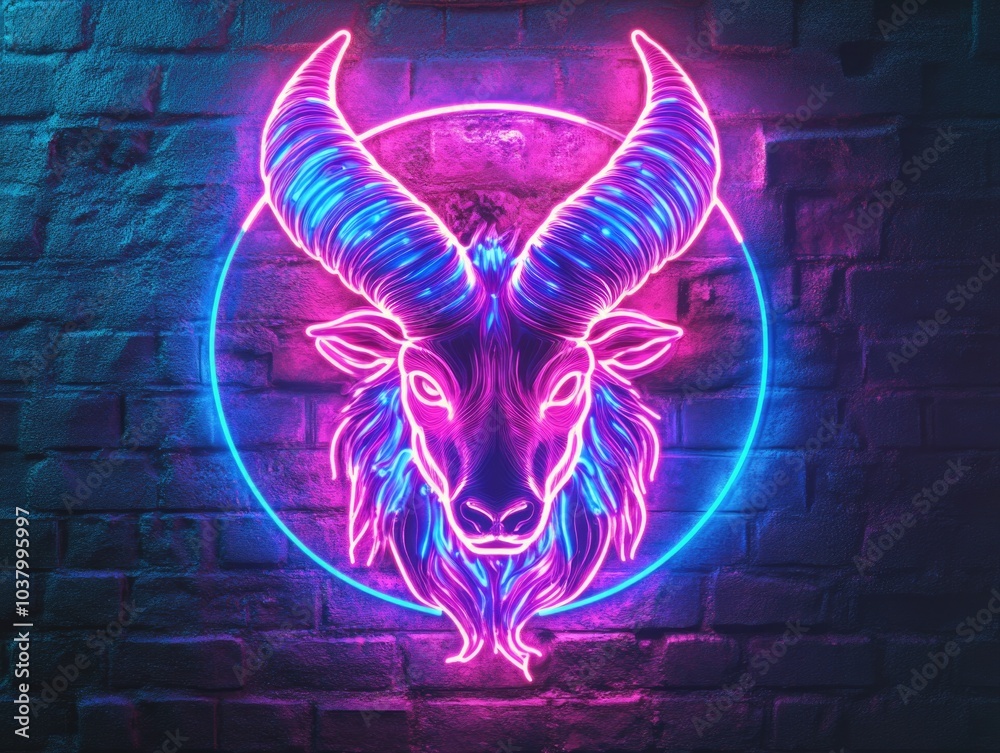 Sticker Neon Goat Head Brick Wall