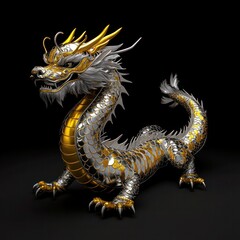 Fototapeta premium Regal Twin Dragons in Gold and Silver Pose with Alpha Path - 3D Rendering