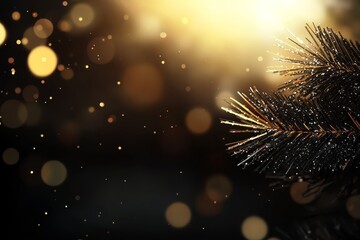  A pine tree branch in focus with a softly blurred background of holiday lights