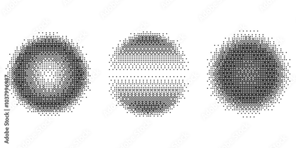 Poster circles with bitmap pixel effect. round shapes with arcade game pattern texture. y2k halftone vector