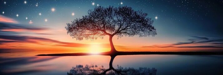 Obraz premium Calm Tree Silhouette Against a Serene Sunset