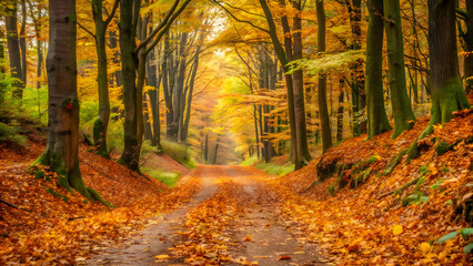 A breathtaking dirt road winds through an autumnal forest.