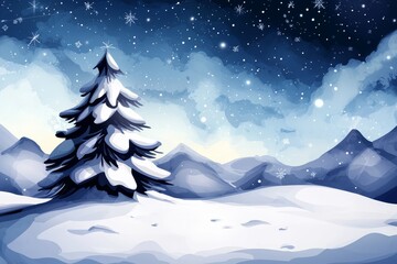  Snowy landscape with a pine tree in foreground, night sky dotted with stars and snowflakes