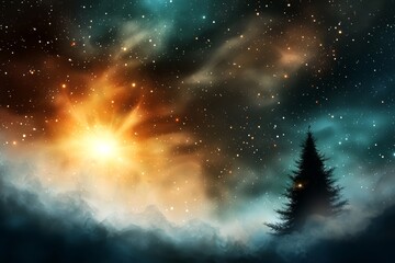  A night sky painting featuring stars and a tree silhouette to its left