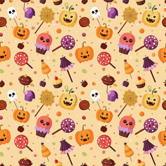 Halloween Sweets and Pumpkin Delights, Vector style, seamless