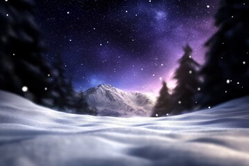 Naklejka premium A snow-covered landscape featuring a distant mountain against a backdrop of purple and blue star-specked sky