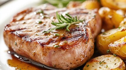 Delicious Grilled Steak with Herb Garnish and Potatoes