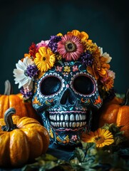 Sugar Skull with Flowers and Pumpkins