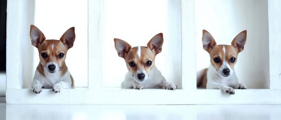 Obraz premium A small brown and white dog sits on a window sill, next to another similar dog in front of the window
