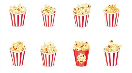 A variety of fun popcorn icons, with classic red-and-white striped tubs filled with golden popcorn, isolated on white.