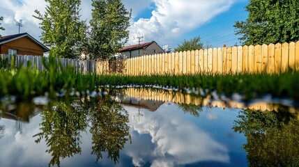 Fototapeta premium Backyard with standing water reflecting the surrounding trees and sky, capturing the serene beauty of nature's reflection and the tranquility of a still moment.
