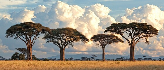  A herd of giraffes stands next to one another on a verdant green field beneath a cloud-studded blue sky