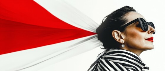  A woman holds a red-and-white umbrella over her head, wearing another as a makeshift headband Behind her, a red-and-white striped umbre