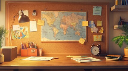 Cozy workspace with world map and notes