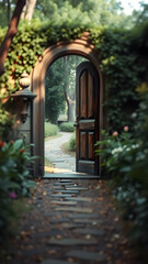 Fototapeta premium A door and a pathway in the garden of Eden, that leads to Heaven. Generative AI