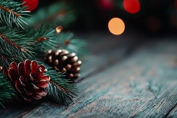  A tight shot of a pine cone against a pine tree, surrounded by a softly blurred backdrop of twinkling lights