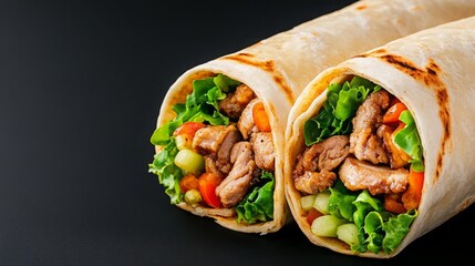 Ultra Realistic Gourmet Gyros on Black Background: High-Detail Food Photography