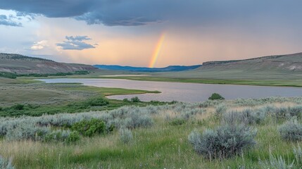 Scenic Rainbow Over Serene Plain and Water Body
