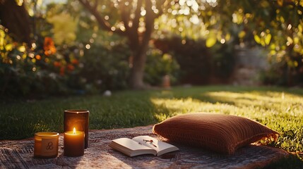 Tranquil Outdoor Meditation Scene with Relaxing Elements